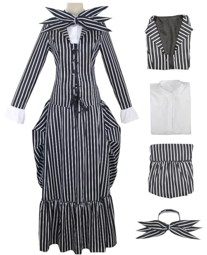 bi bi hou Damen Sally Jack Skellington Cosplay Kostüm Set Skelett Braut Sally Verkleidung Schwarz und Weiß Gestreifter Anzug Uniform Gothic Halloween Karneval Party Bühnenauftritt Kostüm bi bi hou Damen Sally Jack Skellington Cosplay Kostüm Set Skelett Braut Sally Verkleidung Schwarz und Weiß Gestreifter Anzug Uniform Gothic Halloween Karneval Party Bühnenauftritt Kostüm von bi bi hou