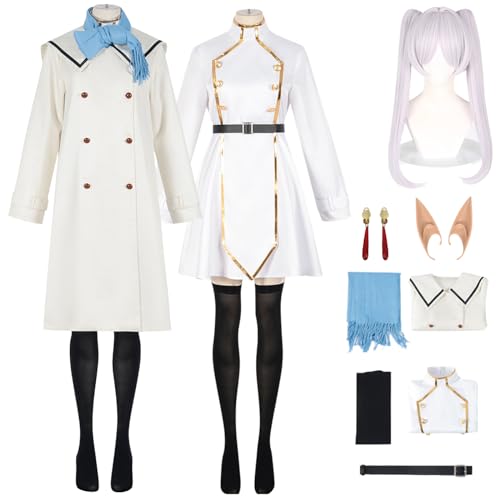 bi bi hou Frieren Cosplay Kostüm Set mit Perücke Anime Frieren at The Funeral Verkleidung Frieren Cosplay Costume Winterkleidung Halloween Karneval Weihnachten Party Kostüm für Erwachsene von bi bi hou