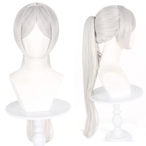 bi bi hou Frieren Cosplay Perücke Weiß Pferdeschwanz Länge 75cm Anime Frieren at the Funeral Verkleidung Wig Halloween Karneval Party Kostüm Zubehör Anime Perücke Erwachsene von bi bi hou