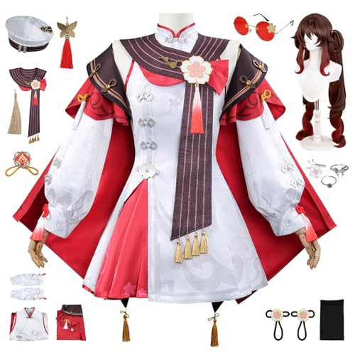 bi bi hou Genshin Impact Hutao Cosplay Kostüm Set mit Perücke Genshin Verkleidung Hu Tao New Skin Cosplay Uniform Weihnachtstag Halloween Karneval Party Bühnenauftritt Kostüm Erwachsene von bi bi hou