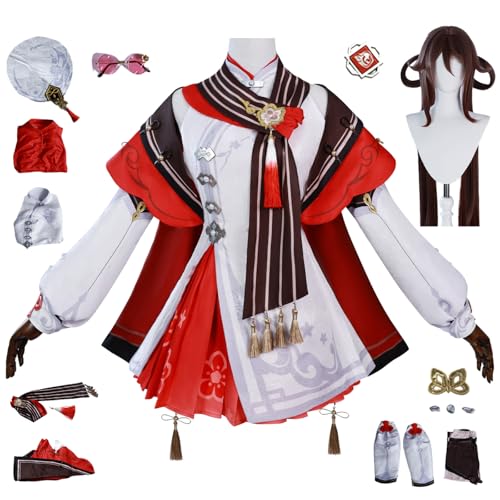 bi bi hou Genshin Impact Hutao Cosplay Kostüm Set mit Perücke Genshin Verkleidung Hu Tao New Skin Cosplay Uniform Weihnachtstag Halloween Karneval Party Bühnenauftritt Kostüm Erwachsene von bi bi hou