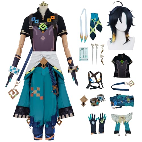 bi bi hou Genshin Impact Kinich Cosplay Kostüm Komplettes Set mit Perücke Genshin Cosplay Verkleidung Kinich Cosplay Uniform Weihnachtstag Halloween Karneval Party Bühnenauftritt Kostüm von bi bi hou