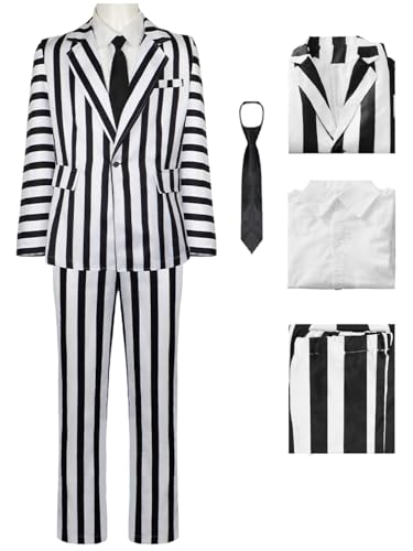 bi bi hou Herren Beetle J'uice Cosplay Kostüm Set B'eetleJuice Verkleidung Schwarz und Weiß Gestreifter Anzug Uniform Weihnachten Halloween Karneval Party Bühnenauftritt Kostüm Erwachsene bi bi hou Herren Beetle J'uice Cosplay Kostüm Set B'eetleJuice Verkleidung Schwarz und Weiß Gestreifter Anzug Uniform Weihnachten Halloween Karneval Party Bühnenauftritt Kostüm Erwachsene von bi bi hou