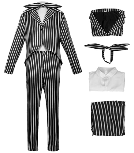 bi bi hou Herren Jack Skellington Cosplay Kostüm Set Skelett Bräutigam Jack Verkleidung Schwarz und Weiß Gestreifter Anzug Uniform Gothic Halloween Karneval Party Bühnenauftritt Kostüm von bi bi hou