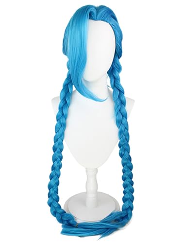 bi bi hou Jinx Cosplay Perücke Blau Doppelte Zöpfe Länge 120cm Anime Arcane Verkleidung Jinx Wig Halloween Karneval Party Kostüm Zubehör Anime Perücke Erwachsene von bi bi hou