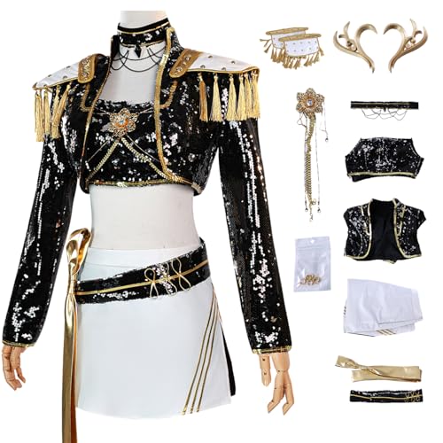 bi bi hou KPop Mira Cosplay Kostüm Set mit Perücke Anime K-Pop Demon Hunters Verkleidung Mira Uniform Schwarz Weihnachten Halloween Karneval Party Bühnenauftritt Kostüm für Erwachsene von bi bi hou