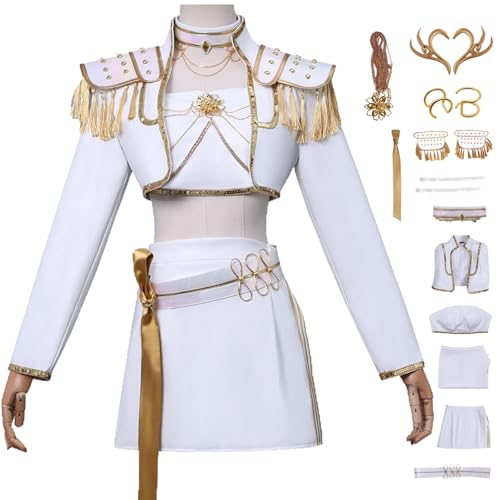 bi bi hou KPop Mira Cosplay Kostüm Set mit Perücke Anime K-Pop Demon Hunters Verkleidung Mira Uniform Weiß Weihnachten Halloween Karneval Party Bühnenauftritt Kostüm für Erwachsene von bi bi hou