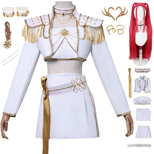 bi bi hou KPop Mira Cosplay Kostüm Set mit Perücke Anime K-Pop Demon Hunters Verkleidung Mira Uniform Weiß Weihnachten Halloween Karneval Party Bühnenauftritt Kostüm für Erwachsene von bi bi hou