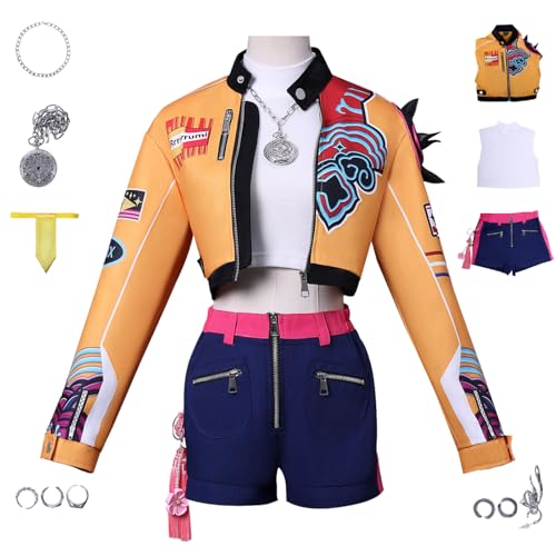 bi bi hou KPop Rumi Cosplay Kostüm Set mit Perücke Anime K-Pop Demon Hunters Verkleidung Rumi Uniform Weihnachten Halloween Karneval Party Bühnenauftritt Kostüm für Erwachsene von bi bi hou