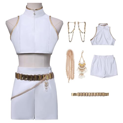 bi bi hou KPop Rumi Cosplay Kostüm Set mit Perücke Anime K-Pop Demon Hunters Verkleidung Rumi Uniform Weiß Weihnachten Halloween Karneval Party Bühnenauftritt Kostüm für Erwachsene von bi bi hou