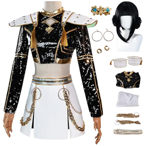 bi bi hou KPop Zoe Cosplay Kostüm Set mit Perücke Anime K-Pop Demon Hunters Verkleidung Zoe Uniform Schwarz Weihnachten Halloween Karneval Party Bühnenauftritt Kostüm für Erwachsene von bi bi hou