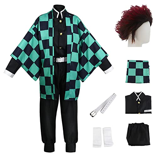 bi bi hou Kamado Tanjirou Cosplay Kostüm mit Perücke Anime Kostüm Kimetsu no Yaiba Cosplay Tanjirou Kimono Set Weihnachten Halloween Karneval Party Bühnenauftritt Kostüm Erwachsene von bi bi hou