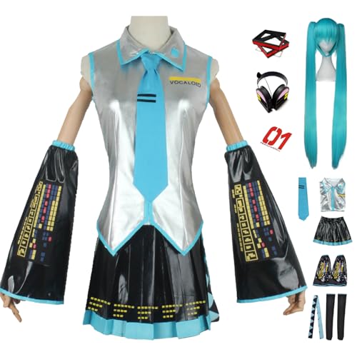 bi bi hou Miku Cosplay Kostüm Set mit Perücke Kopfhörer Miku Verkleidung Anime Miku Uniform Lackleder Weihnachten Halloween Karneval Party Bühnenauftritt Kostüm Erwachsene XXS-3XL von bi bi hou