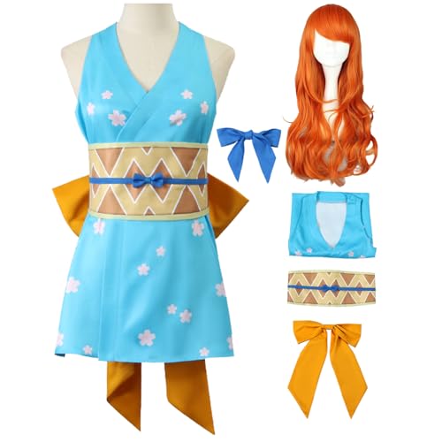 bi bi hou Nami Cosplay Kostüm Set mit Perücke Anime Verkleidung Nami Kleidung Blau Kimono Halloween Karneval Weihnachten Party Bühnenauftritt Kostüm für Erwachsene von bi bi hou