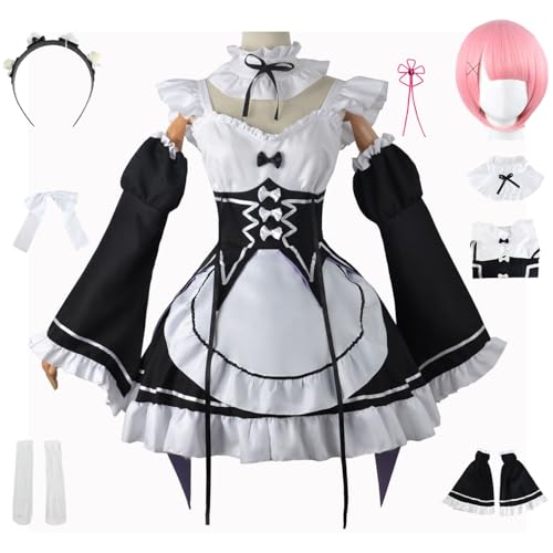 bi bi hou Rem Ram Cosplay Kostüm Komplettes Set mit Perücke Maid Dress Anime Re Zero Cosplay Rem Ram Verkleidung Maid Kleid Halloween Karneval Party Bühnenauftritt Kostüm Erwachsene von bi bi hou