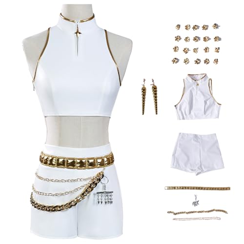 bi bi hou Rumi Cosplay Kostüm Set Anime K-Pop Demon Hunters Verkleidung Rumi Uniform Weiß Weihnachten Halloween Karneval Party Bühnenauftritt Kostüm für Erwachsene von bi bi hou