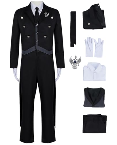 bi bi hou Sebastian Cosplay Kostüm Set Anime Kuroshitsuji Emerald Witch Verkleidung Sebastian Michaelis Uniform Smoking Schwarz Weihnachten Halloween Karneval Party Bühnenauftritt Kostüm von bi bi hou
