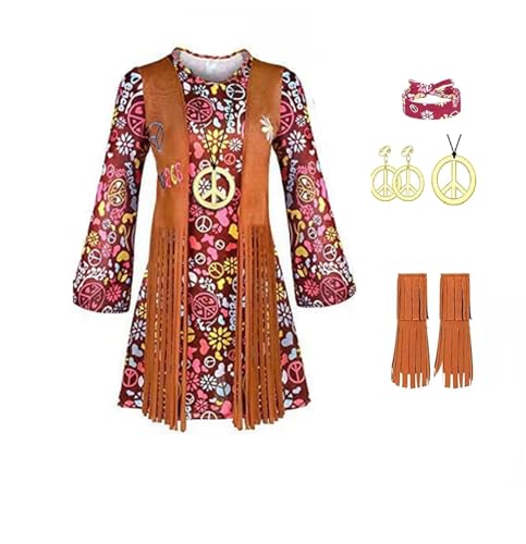 biJerou Hippie Kostüm Damen,Karneval Kostüm Damen,Faschingskostüme Set Hippie Kleidung mit Accessoires Disco Outfits 80 Jahre Kostüm Zubehör Set Mottoparty Kleid Damen Kostüm von biJerou