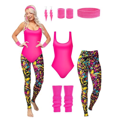 biJerou Karneval Kostüm Damen,Faschingskostüme Damen,60er 80er Kostüme Retro Bodys Leggings Bodysuit Zubehör Set für Fasching Karneval Party Festival Disco Outfits Overall Damen Kostüm von biJerou