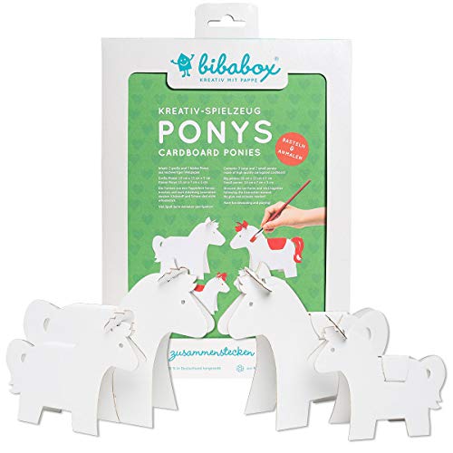Bibabox 4 Ponies aus Stabiler weißer Pappe, Papptiere, zum Bemalen, Kinderparty von bibabox KREATIV MIT PAPPE