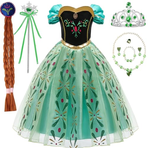 bibeikele Prinzessinnen-Kinderkostüm, Anna-Kostüm, Mädchen-Outfit mit Kronenstab, Perücke, Halskette, 5–6 Jahre (FCF60–130) von bibeikele