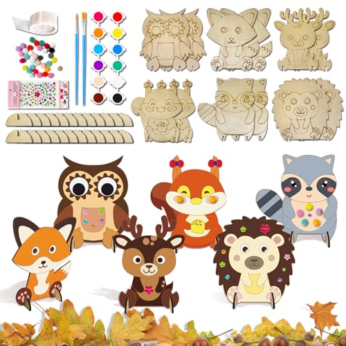 Igel Bastelset für Kinder, 12 Pcs Herbst Anhänger Holz Deko mit Pigmente, 3D Eule Holzbastelsets, Herbst Basteln Kinder zum Basteln und Bemalen Fuchs, Elch, Eichhörnchen, Waschbär Jesienne von HILKKET