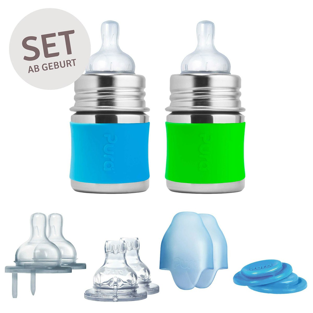 2 Babyflasche Edelstahl Geschenkeset ab Geburt grün blau