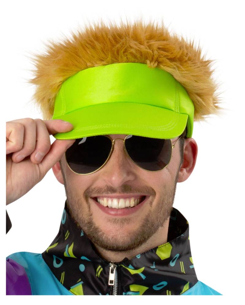 80's Visierhut neongrün mit dunkelblondem Haar