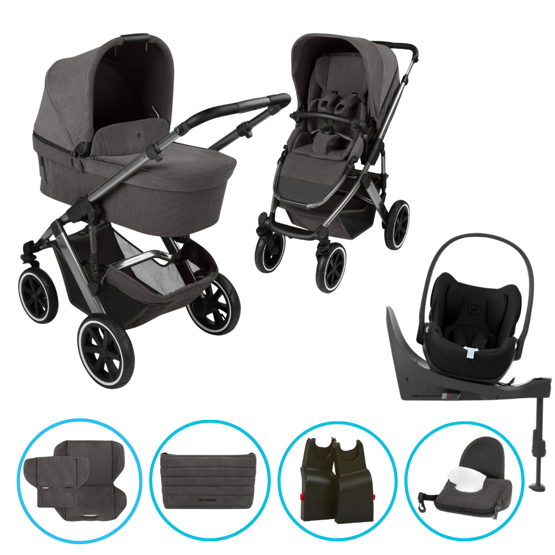 ABC Design Salsa 5 Air 8in1 Kinderwagen Set Almond inkl. Cybex Cloud T i-Size Sepia Black, Cybex Base T, ABC Design Adapter & gratis Zubehör