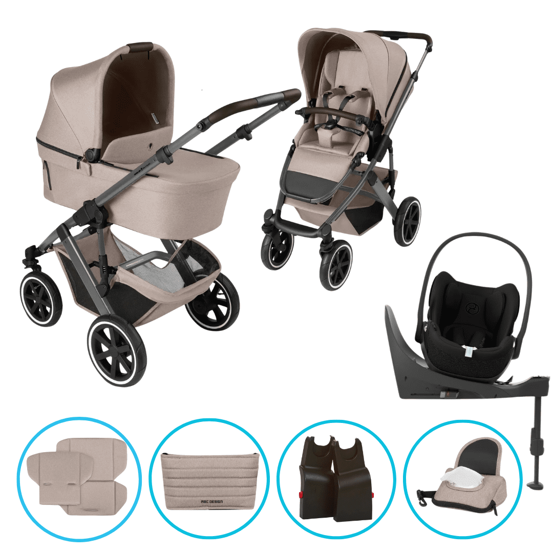 ABC Design Salsa 5 Air 8in1 Kinderwagen Set Camel inkl. Cybex Cloud T i-Size Sepia Black, Cybex Base T, ABC Design Adapter & gratis Zubehör