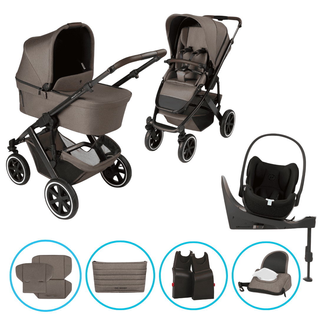 ABC Design Salsa 5 Air 8in1 Kinderwagen Set Nature inkl. Cybex Cloud T i-Size Sepia Black, Cybex Base T, ABC Design Adapter & gratis Zubehör