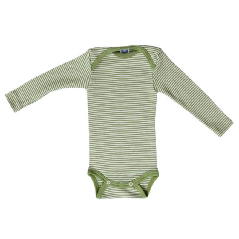 Atmungsaktiver Body Wolle Seide grün gestreift 74/80 Atmungsaktiver Body Wolle Seide grün gestreift 74/80