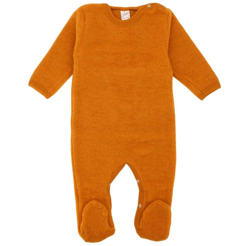 Babystrampler Wollplüsch mit Fuß curry 68