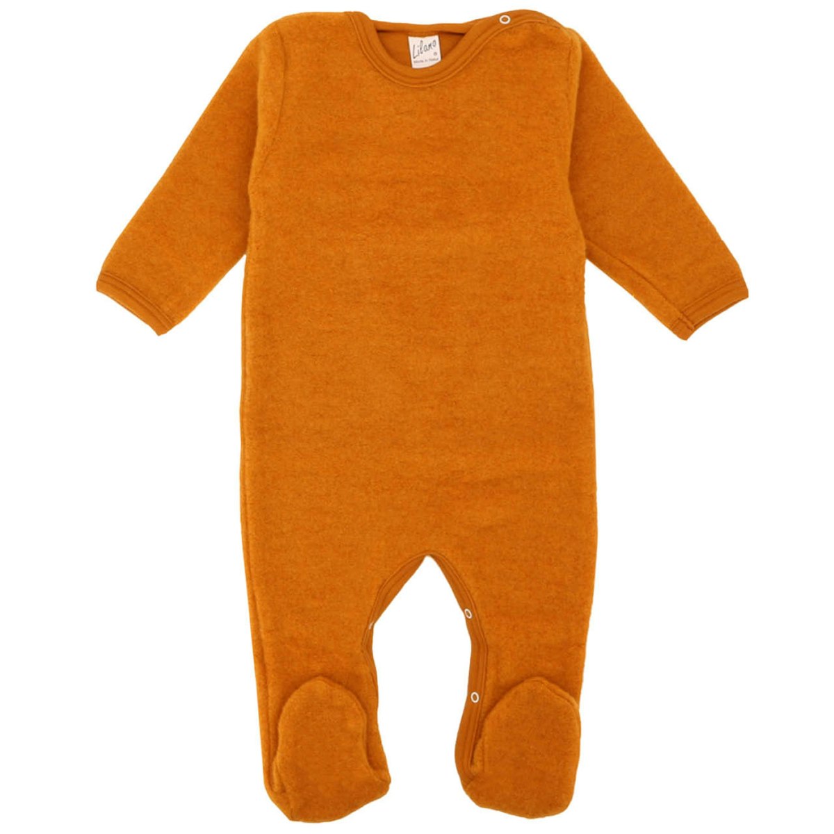 Babystrampler Wollplüsch mit Fuß curry 74