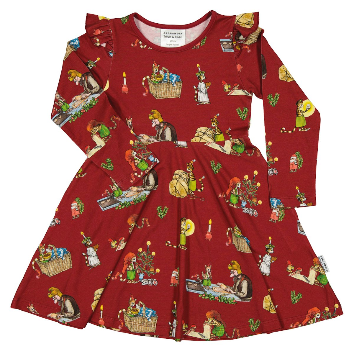 Bambus Kleid dunkelrot mit Peterson & Findus Print 122/128