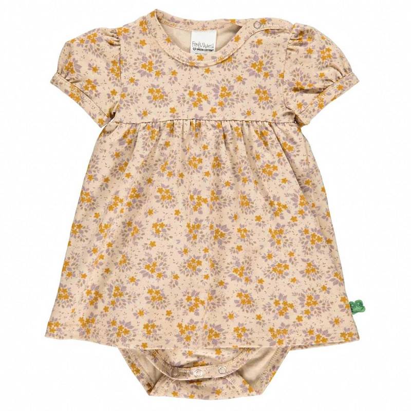 Body kurzarm Kleidchen Blümchen-Muster beige 86 Body kurzarm Kleidchen Blümchen-Muster beige 86