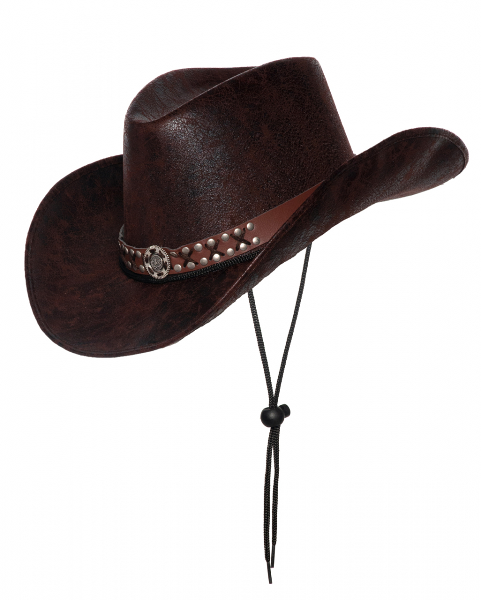 Brauner Cowboyhut mit Nieten-Hutband & Kordel
