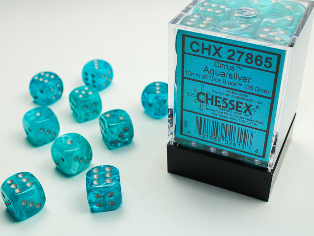 Chessex Cirrus Aqua/Silver 36x W6 12mm Dice Set 36 Würfel D6 Box