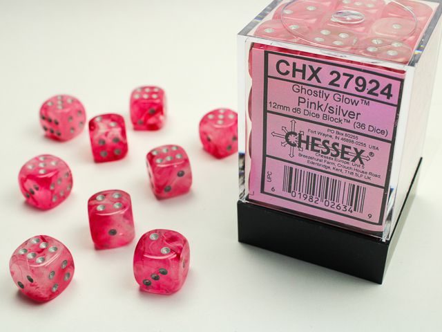 Chessex Ghostly Glow Pink/Silver 36x 12mm W6 Dice Set Würfel