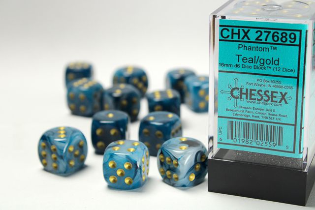 Chessex Phantom Teal/Gold 12x W6 16mm 12 Würfel petrol Dice