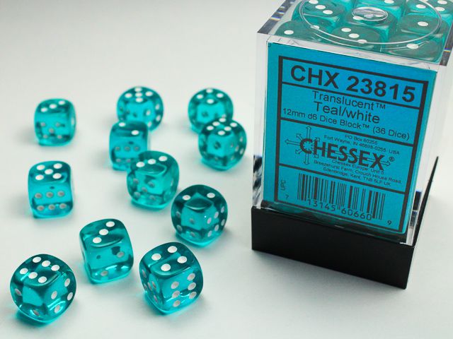 Chessex Translucent Teal/White 36x W6 12mm Dice Set 36 Türkisblaue Würfel Dice