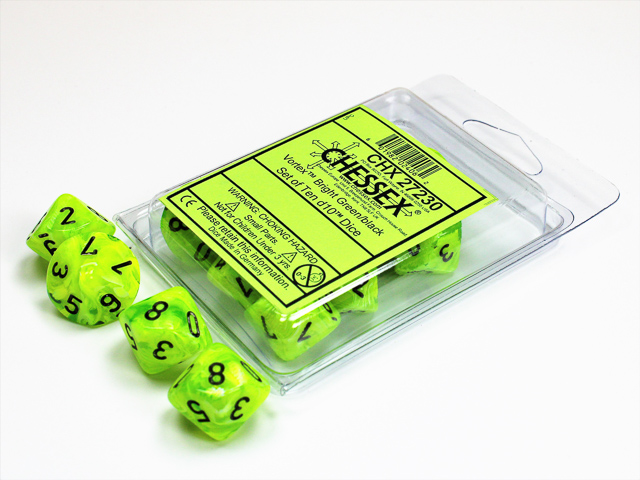 Chessex Vortex Bright Green/Black 10x W10 Dice Set D10 Würfel Dices