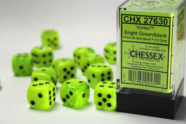 Chessex Vortex Bright Green/Black 12x W6 16mm Dice Set 12 Würfel