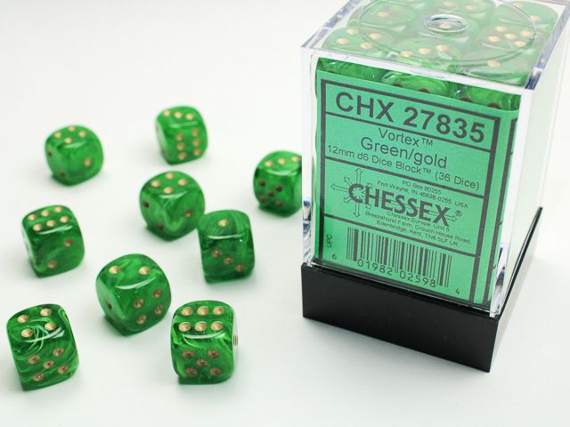 Chessex Vortex Green/Gold 36x W6 12mm Dice Set 36 Würfel