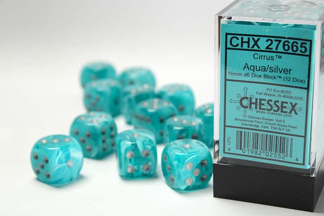 Cirrus Aqua/Silver 12x 16mm W6 Dice Set 12 Würfel D6 Box Cirrus Aqua/Silver 12x 16mm W6 Dice Set 12 Würfel D6 Box
