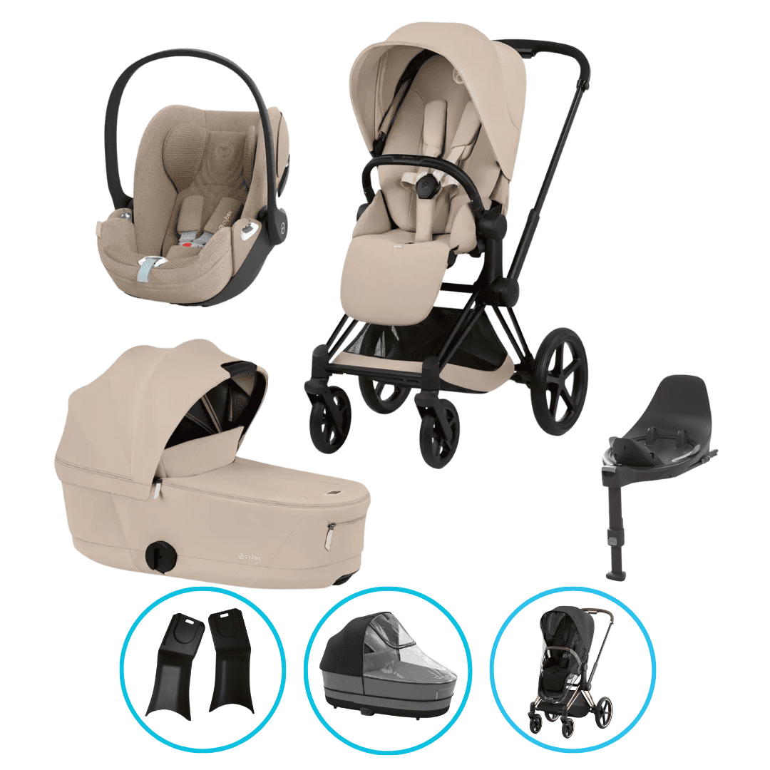 Cybex e-Priam Komfort Kinderwagen Set 7in1 Matt Black / Cozy Beige inkl. Cloud T Plus Cozy Beige und Base T
