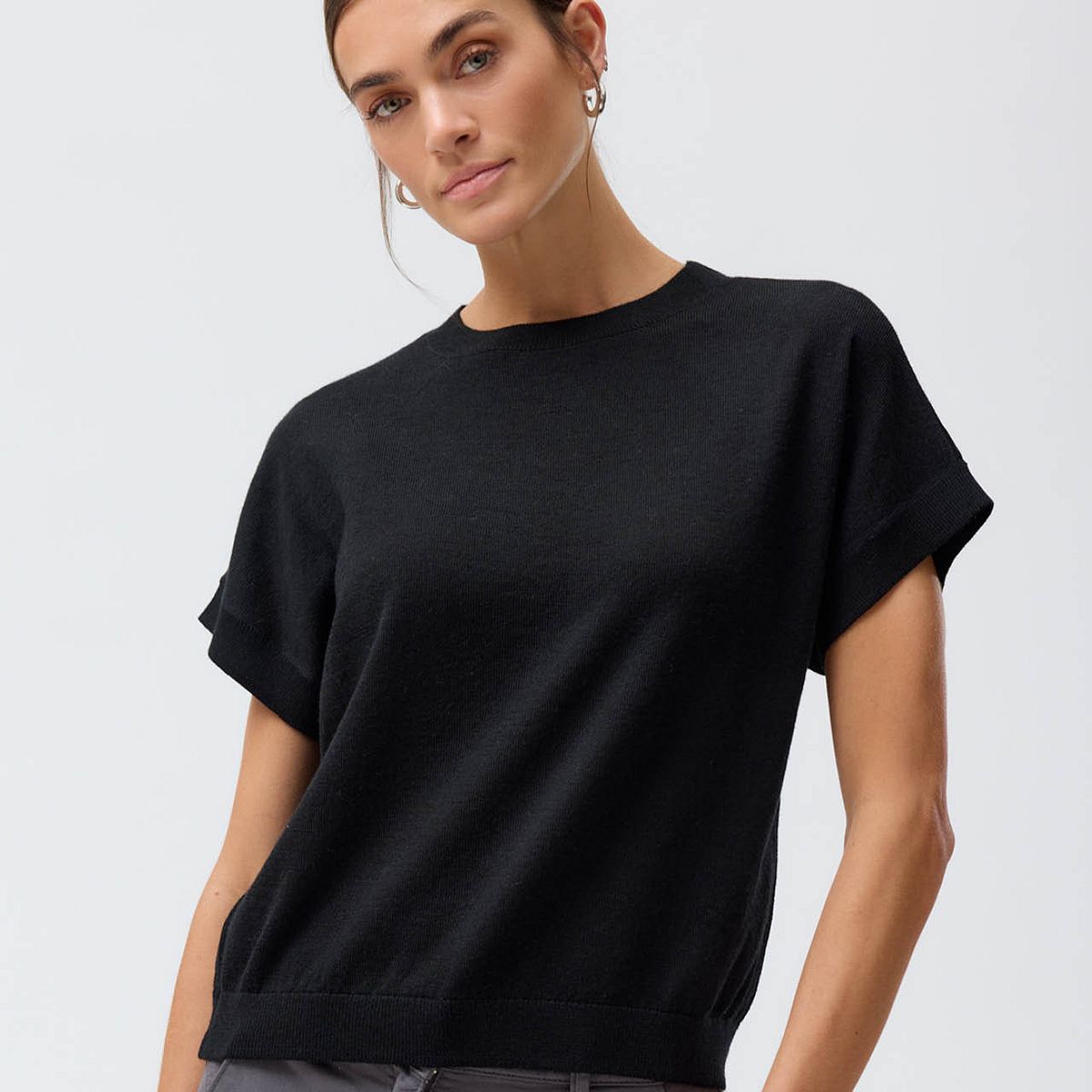 Damen Merino Kurzarm Pullover schwarz M
