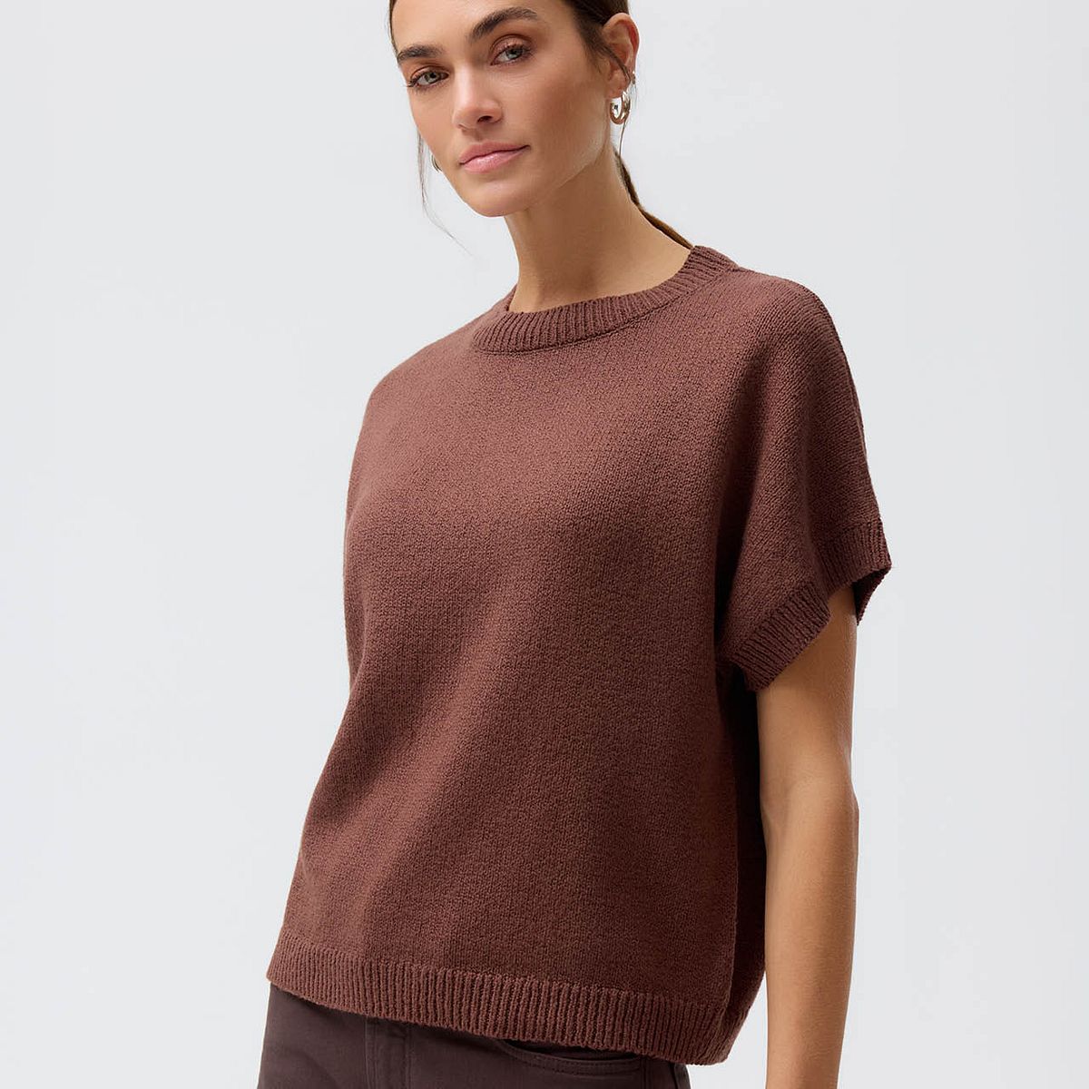 Damen Strick Pullover kurzarm braun XS