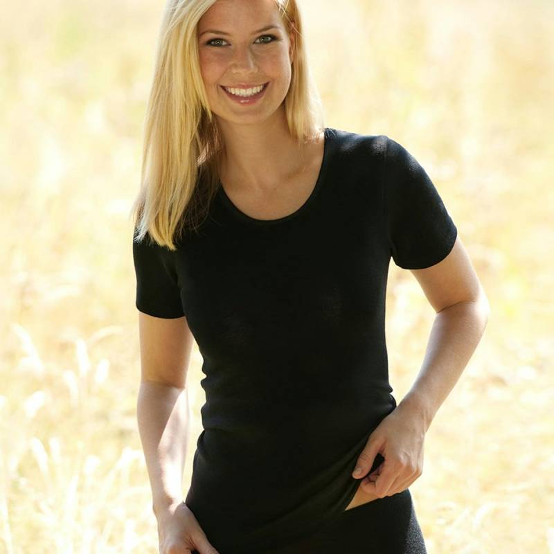 Damen Wolle Seide kurzarm Shirt schwarz 38/40