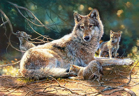 Die Wolfsmutter mit ihren Kleinen